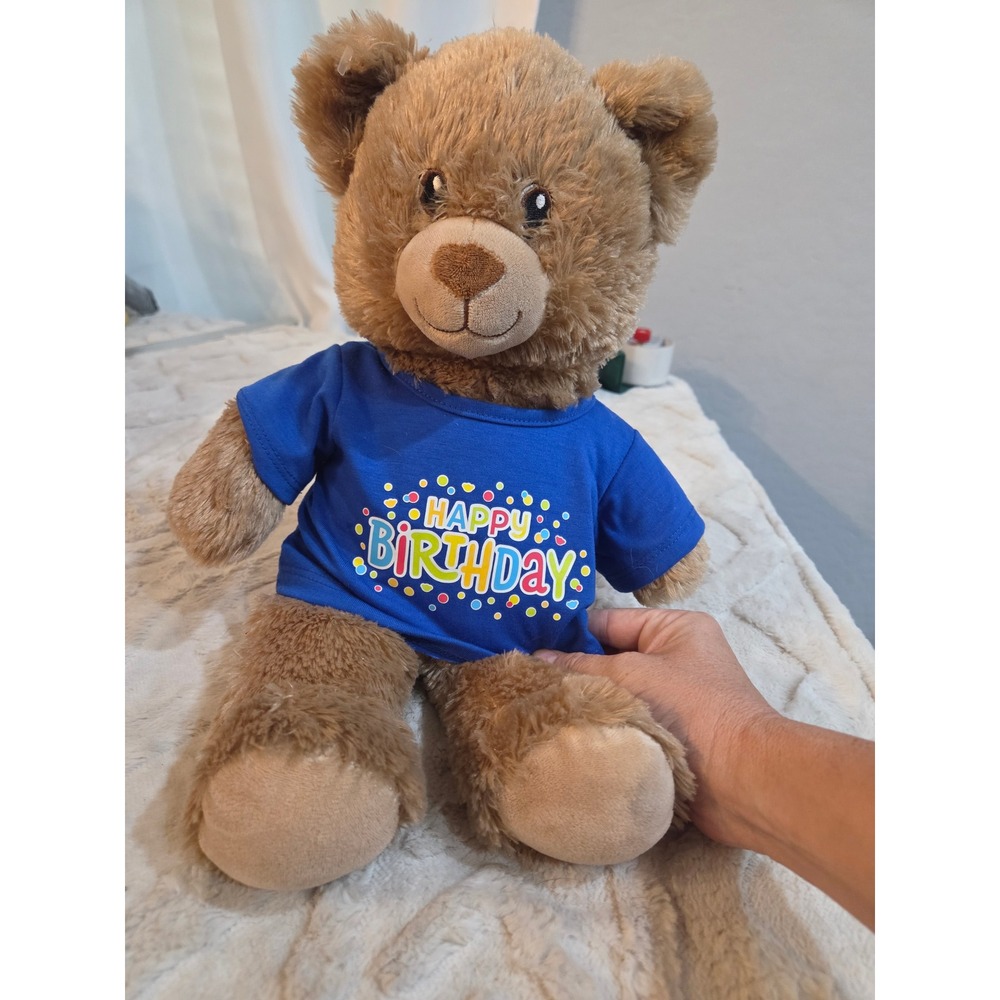 Build-A-Bear Workshop Brown Teddy Bear Happy Birthday Blue Shirt Plush Toy